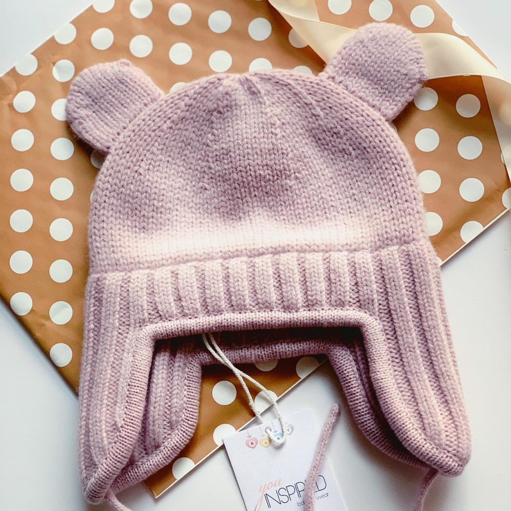 Warm winter knit hat for baby girls 100% MERINO WOOL. Size 9-12m (46-48 cm) Pink